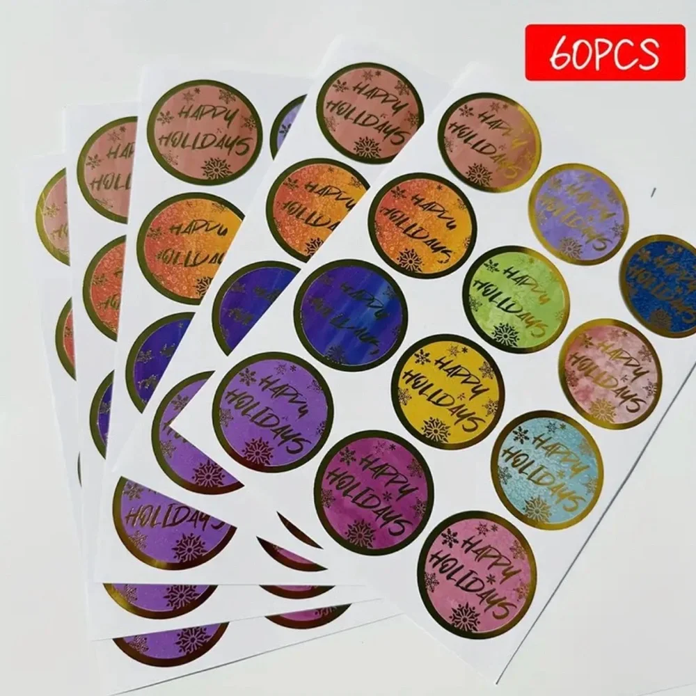 Festive Holiday Sticker Set 60 Multicolor 2 Inch Round Happy Holidays Snowflakes